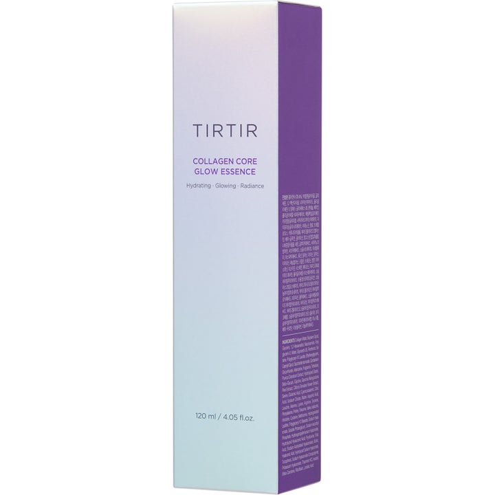 TIRTIR Collagen Core Glow Essence 120 ml fugtgivende ansigtsessens i hvid og lilla papæske med ingrediensliste