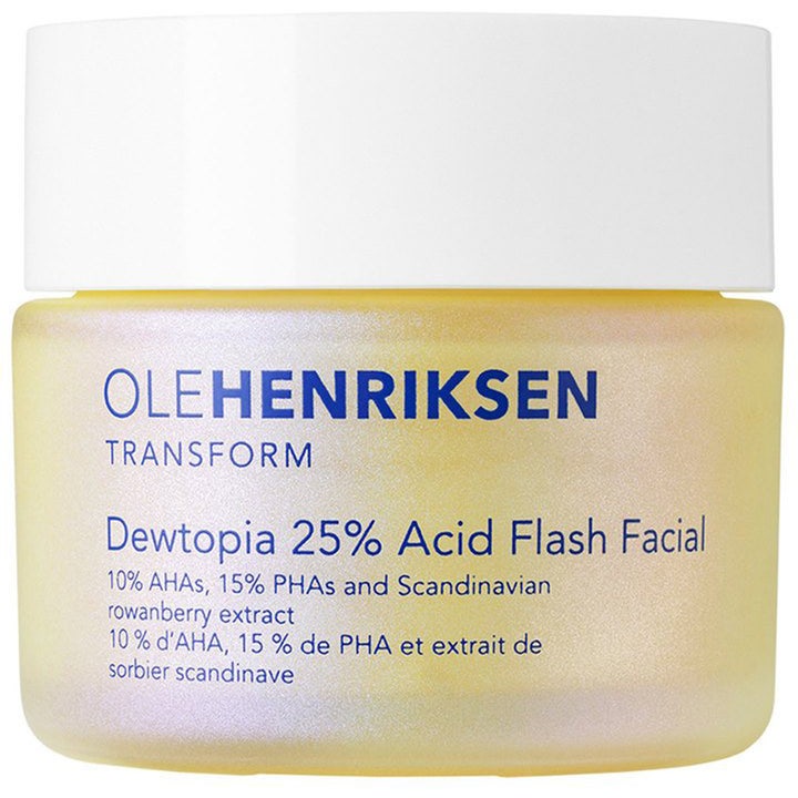 Ole Henriksen Dewtopia 25% Acid Flash Facial eksfolierende ansigtsmaske i en gul iriserende glaskrukke med hvidt låg