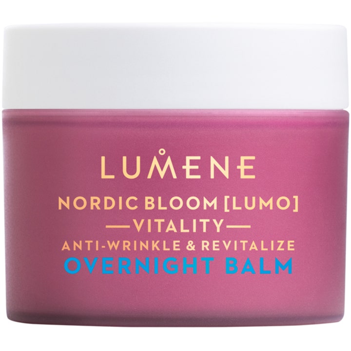 Lumene Nordic Bloom Vitality Overnight Balm revitaliserende natcreme i frostet rosa krukke med hvidt låg