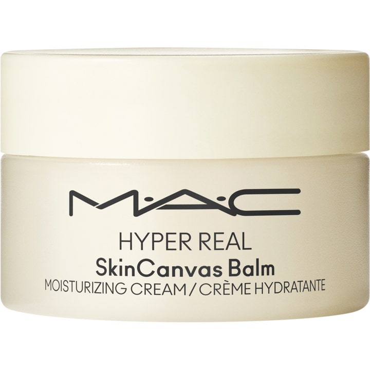 MAC Hyper Real SkinCanvas Balm fugtgivende ansigtscreme i en frostet glaskrukke med cremehvidt låg