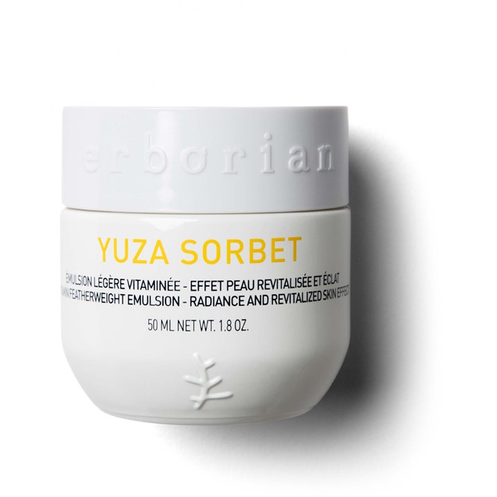 Erborian Yuza Sorbet 50 ml glødgivende ansigtscreme i hvid krukke med gul tekst for revitaliseret hud