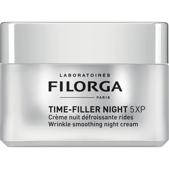 Filorga Time-Filler Night 5XP 50ml rynkeudglattende natcreme i en firkantet sølvfarvet krukke med blankt låg.