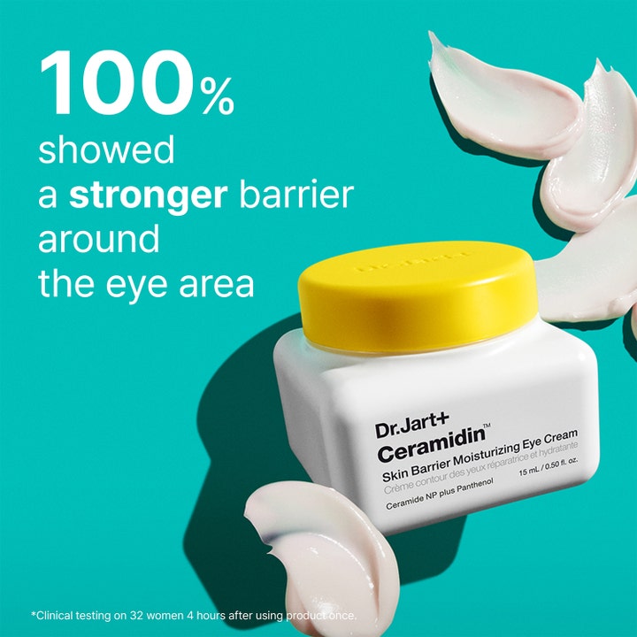 Dr.Jart+ Ceramidin Skin Barrier Moisturizing Eye Cream 15 ml styrker barrieren i hvid krukke med gult låg og tekstur.