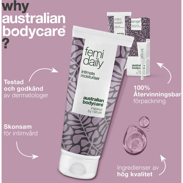 Australian Bodycare Intimate Treatment Kit 325 ml mod ubehag i hvid tube med lilla mønster og gel tekstur