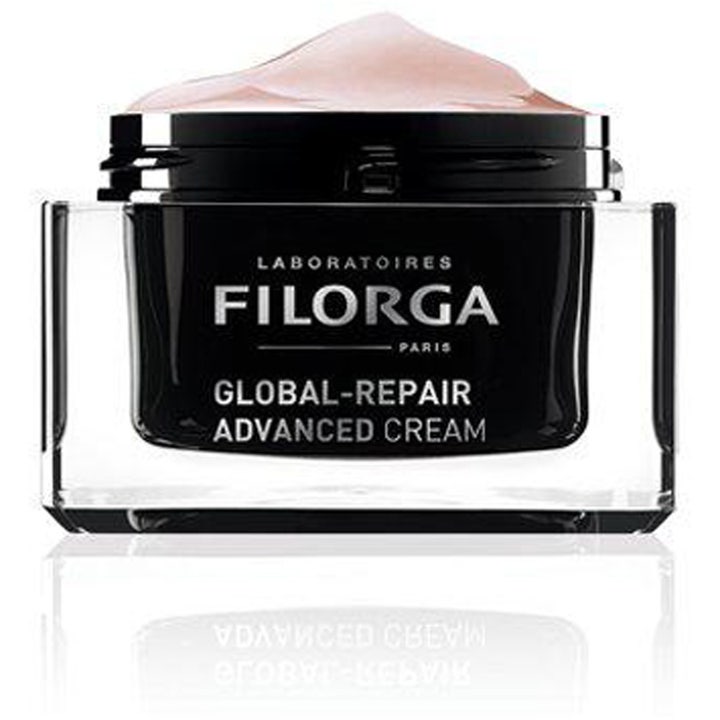 Filorga Global-Repair Advanced Cream 50 ml genopbyggende ansigtscreme i åben glaskrukke med lyserød tekstur