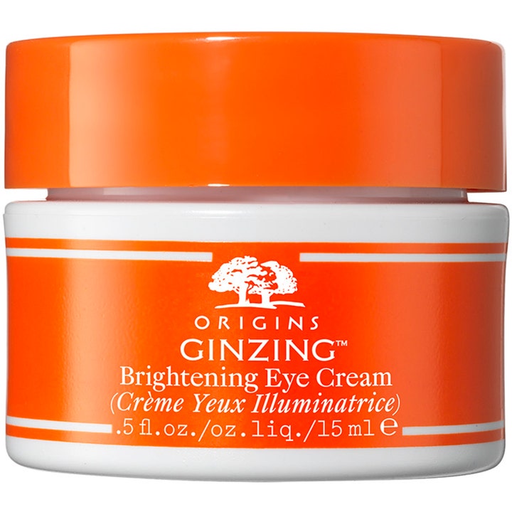 Origins GinZing Brightening Eye Cream 15 ml opfriskende øjencreme i hvid krukke med orange låg og etiket.