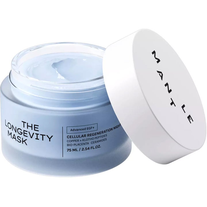 MANTLE The Longevity Mask 75 ml regenererende natmaske i lyseblå krukke med synlig cremet tekstur og hvidt låg