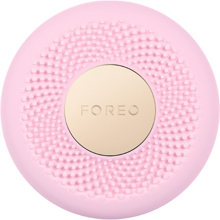FOREO UFO 3 Pearl Pink 1 stk beauty tech i lyserød silikone med rillet tekstur og guldplade.