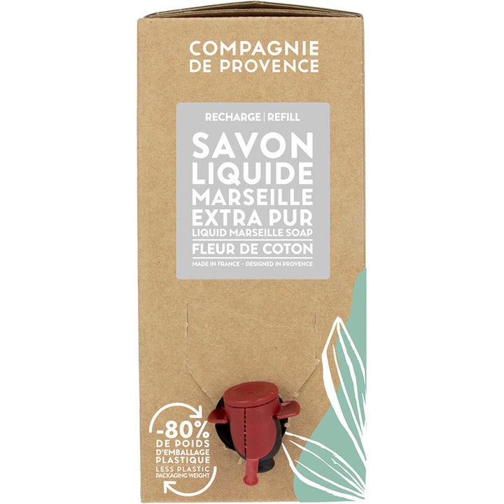 Compagnie de Provence Savon Liquide Marseille Fleur de Coton refill rensende håndsæbe i brun papæske med rød tappehane
