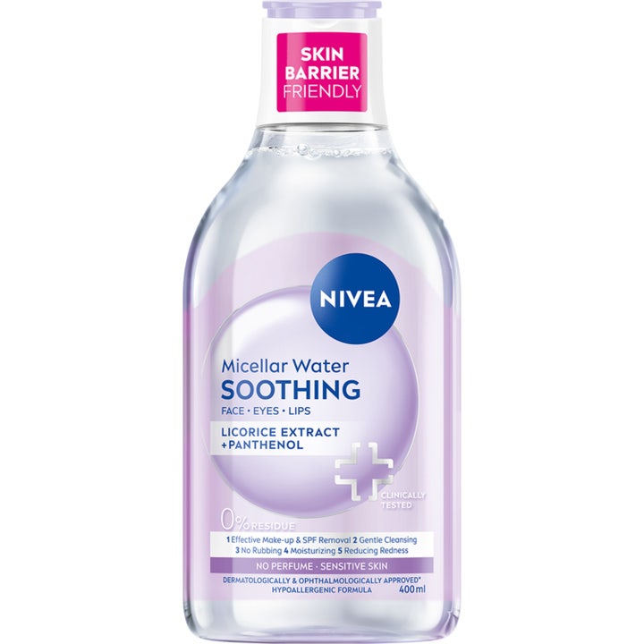 Nivea Micellar Water Soothing 400 ml beroligende ansigtsrens med lakridsekstrakt i klar plastflaske med lilla etiket.