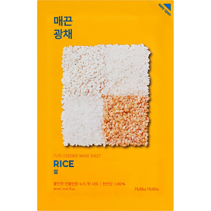 Holika Holika Pure Essence Mask Sheet Rice 20 ml beroligende ansigtsmaske i gul emballage med riskerner