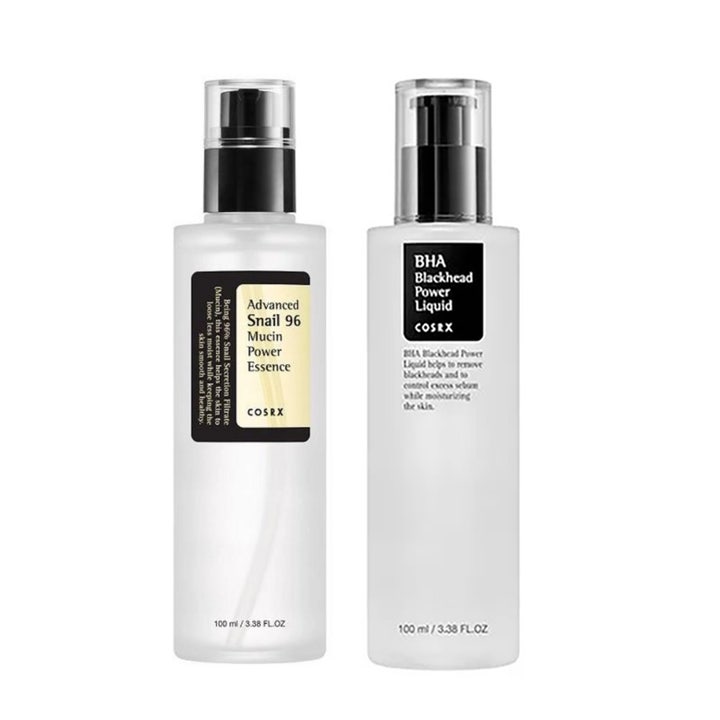 COSRX Snail Mucin Essence og BHA Liquid 100 ml hudpleje i frostede flasker med pumpe skaber glød og renere hud