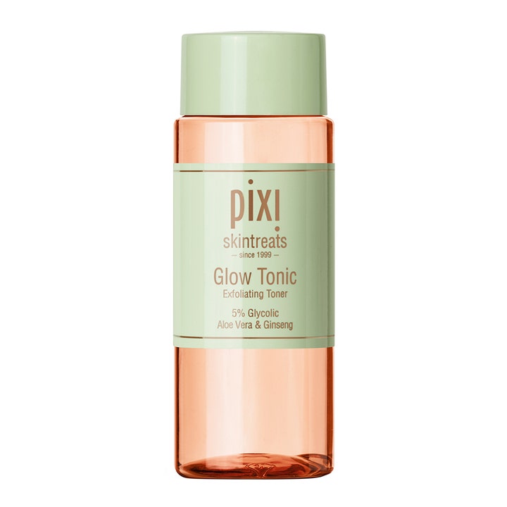 Pixi Glow Tonic eksfolierende toner med 5% glykolsyre i klar flaske med ferskenfarvet indhold og lysegrønt låg