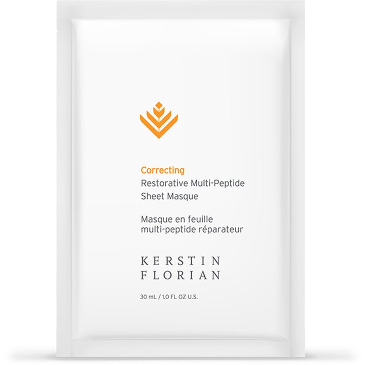 Kerstin Florian Correcting Multi-Peptide Sheet Masque 30 ml gendannende ansigtsmaske i hvid pose med orange logo.