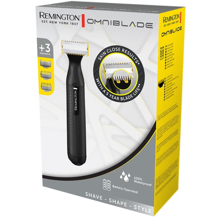 Remington Omniblade HG1000 1 stk skægtrimmer i hvid emballage med tre gule tilbehørskamme og sort trimmer.