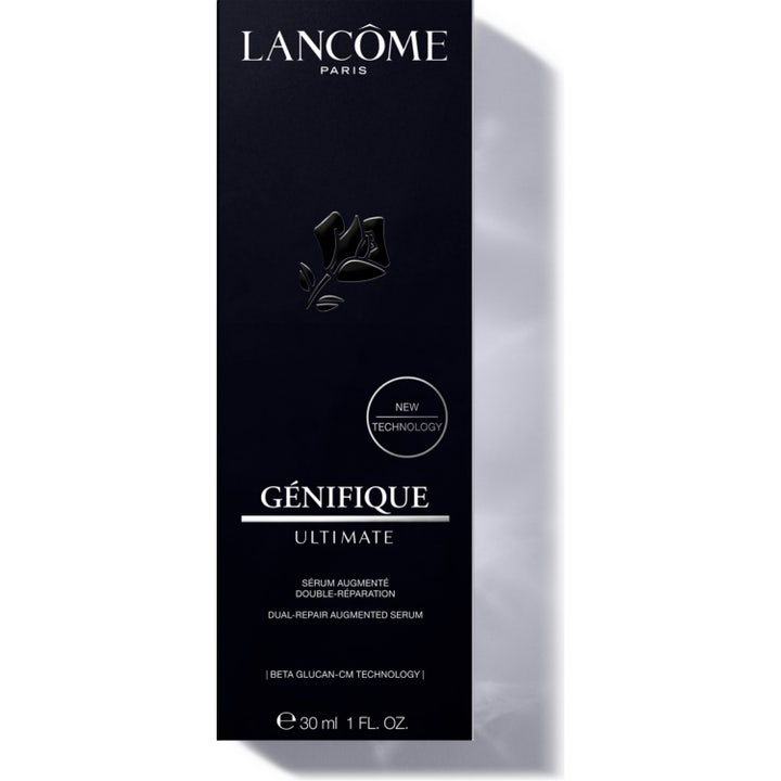 Lancôme Génifique Ultimate Serum 30 ml reparerende ansigtsserum i sort æske med sølvtekst og New Technology.