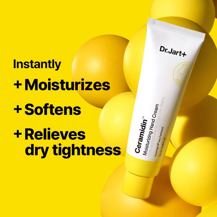 Dr.Jart+ Ceramidin Moisturizing Hand Cream 100 ml fugtgivende håndcreme i hvid og gul tube der blødgør tør hud.