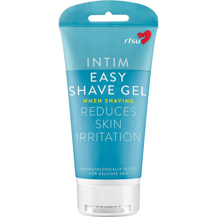 RFSU Easy Shave Gel 150 ml til intimbarbering modvirker irritation i en lyseblå plastictube med hvidt kliklåg.