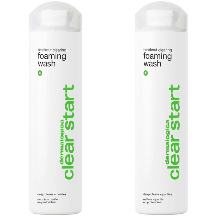 Dermalogica Clear Start Breakout Clearing Foaming Wash rensegel mod urenheder i to hvide plastflasker med klare låg.