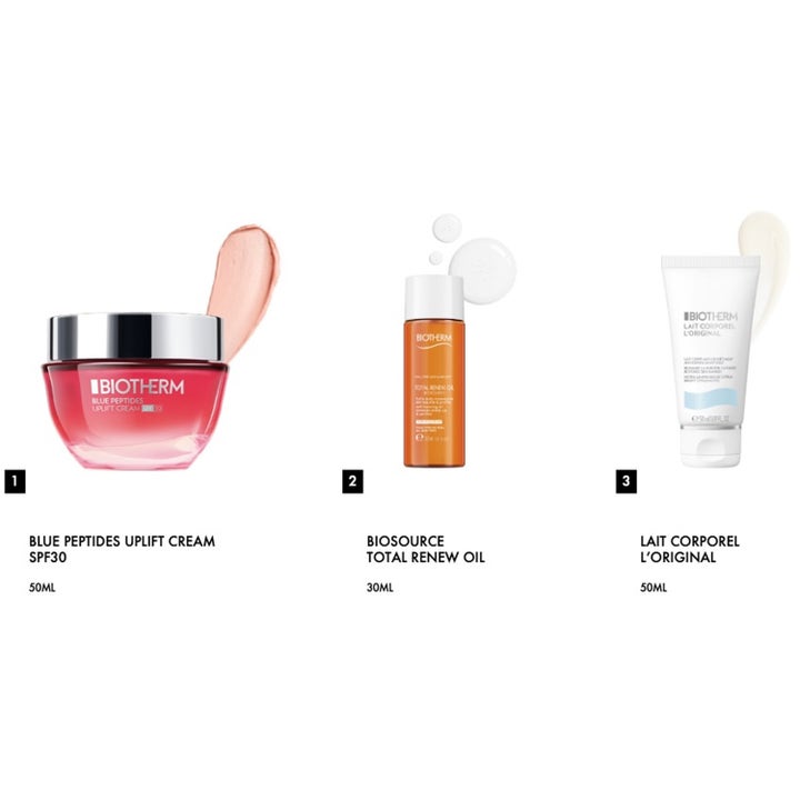 Biotherm Blue Peptides Uplift Cream Set med 50ml dagcreme, 30ml renseolie og 50ml bodylotion der giver fasthed.
