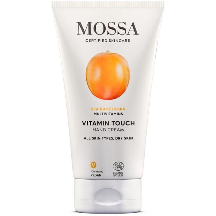 Mossa Vitamin Touch Hand Cream 75ml plejende håndcreme med havtorn i hvid tube med illustration af et orange bær