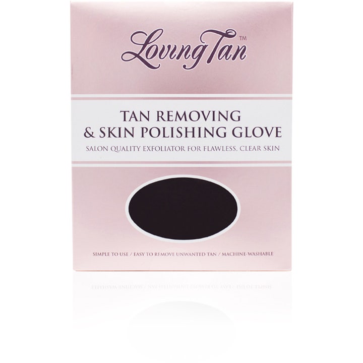 Loving Tan Tan Removing & Skin Polishing Glove 1 stk eksfolierende handske i lyserød papæske med sort kighul