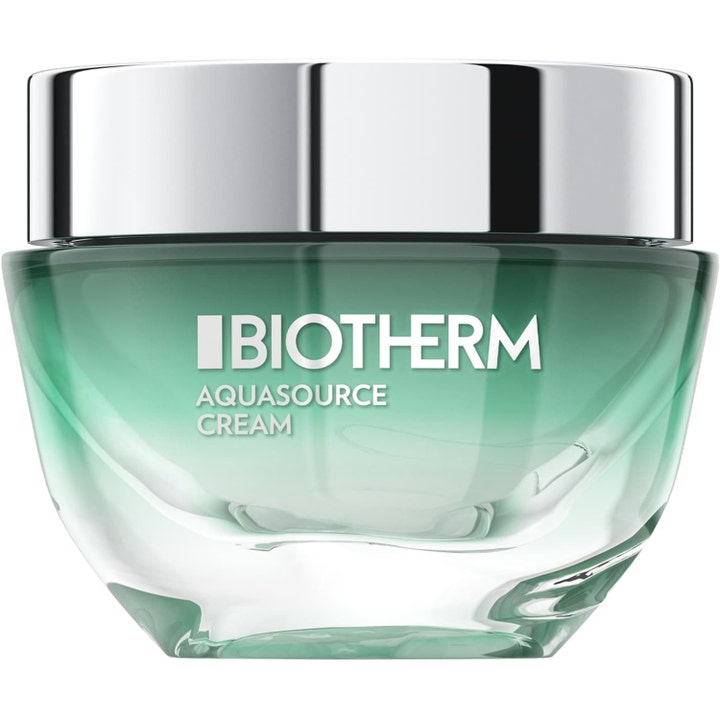 Biotherm Aquasource Cream 50ml fugtgivende ansigtscreme i en grøn glaskrukke med et blankt sølvlåg.