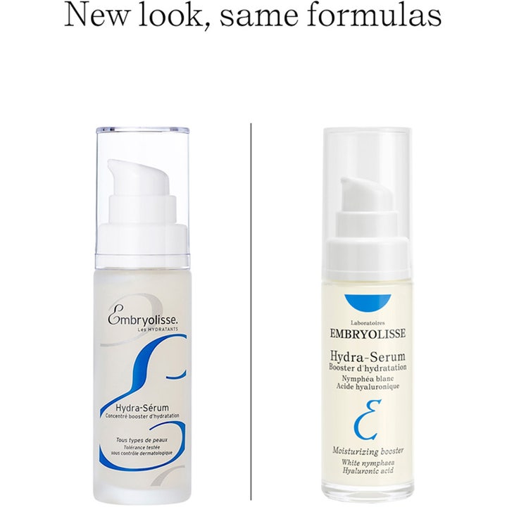 Embryolisse Hydra Serum 30 ml fugtgivende ansigtsserum viser nyt og gammelt design på hvide flasker med pumpe.