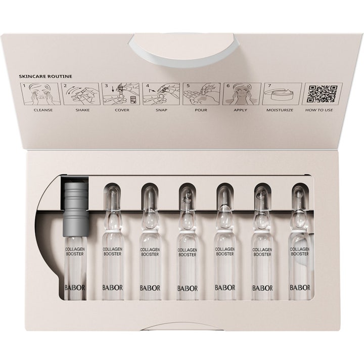 Babor Ampoule Collagen Booster 14 ml opstrammende serum i glasampuller med illustreret guide i låget.