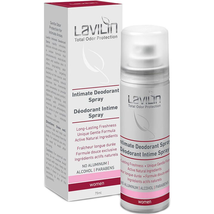 Lavilin Intimate Deodorant Spray 75ml modvirker lugt og giver friskhed i hvid sprayflaske med rød emballage