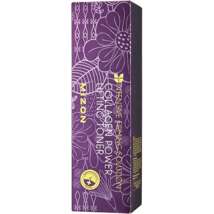 Mizon Collagen Power Lifting Toner 120 ml opstrammende toner i lilla æske med hvide blomstermønstre og gul tekst