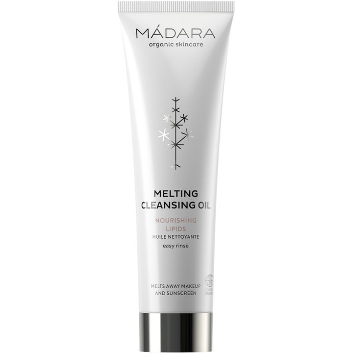 Mádara Melting Cleansing Oil nærende ansigtsrens fjerner effektivt makeup i hvid tube med elegant sølvlåg