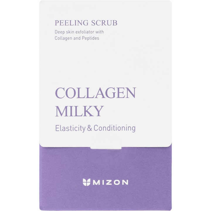 Mizon Collagen Milky Peeling Scrub 5 g ansigtsskrub med collagen i hvid og lilla indpakning.
