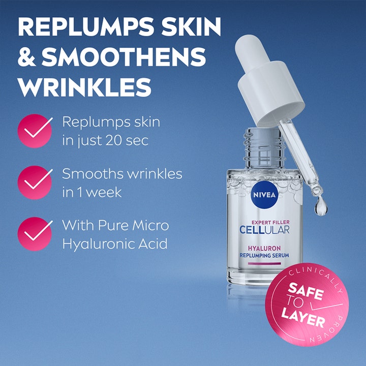 NIVEA Cellular Expert Filler Hyaluron Serum 15 ml udglatter rynker i en klar glasflaske med hvid pipette