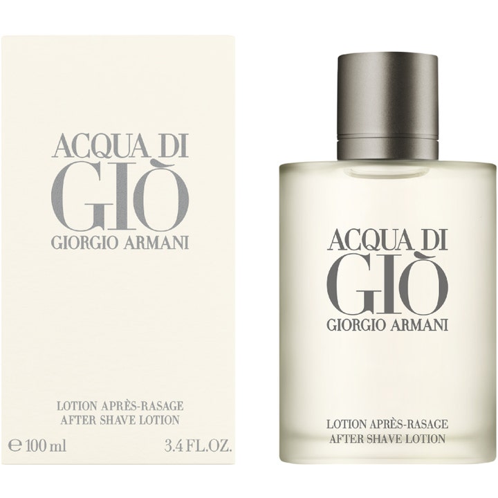 Armani Acqua Di Gio Homme 100 ml beroligende aftershave i frostet glasflaske med gråt låg og hvid æske