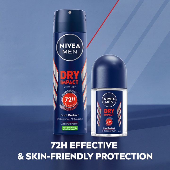 NIVEA Dry Impact Roll On Mini 25 ml herredeodorant og spray der giver 72 timers effektiv og hudvenlig beskyttelse.