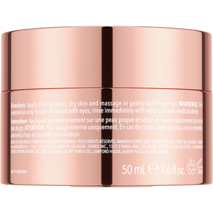 FOREO SUPERCHARGED HA + PGA Triple Action Intense Moisturizer 50 ml fugtgivende dagcreme i rosaguld krukke med instruktioner