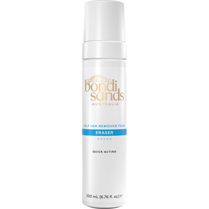 Bondi Sands Self Tan Eraser 200ml skummende selvbrunerfjerner i hvid flaske med guldlogo og klare blå detaljer.
