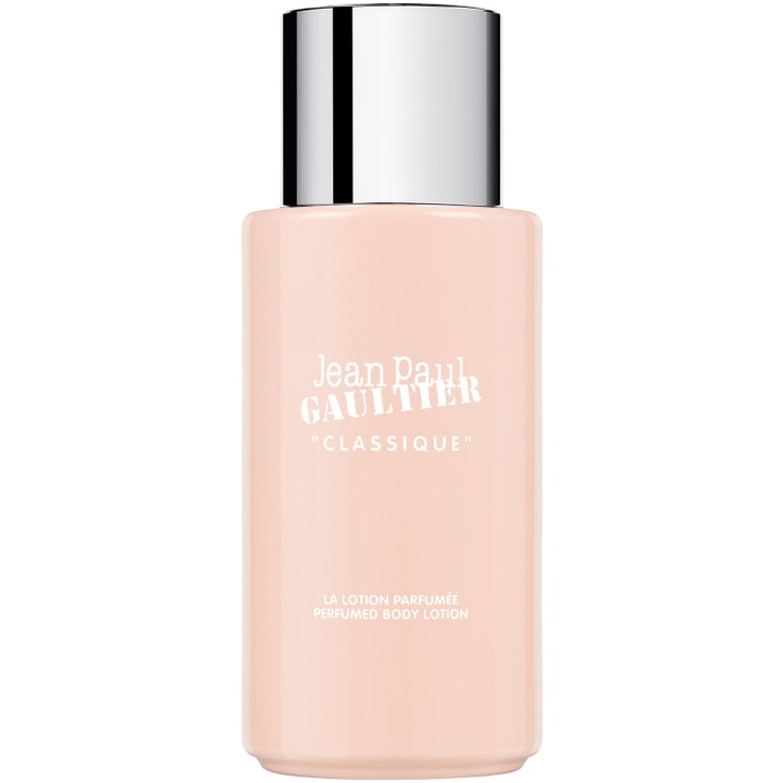 Jean Paul Gaultier Classique Perfumed Body Lotion plejende bodylotion i ferskenfarvet flaske med sølvlåg.