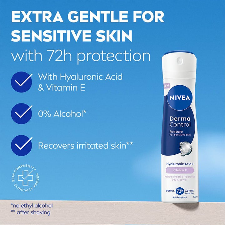 NIVEA Derma Control Restore Deo Spray 150 ml til sensitiv hud med hyaluronsyre og 72 timers beskyttelse