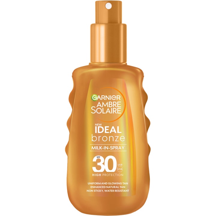Garnier Ambre Solaire Ideal Bronze SPF 30 solcreme spray i gylden flaske der giver en jævn glødende kulør