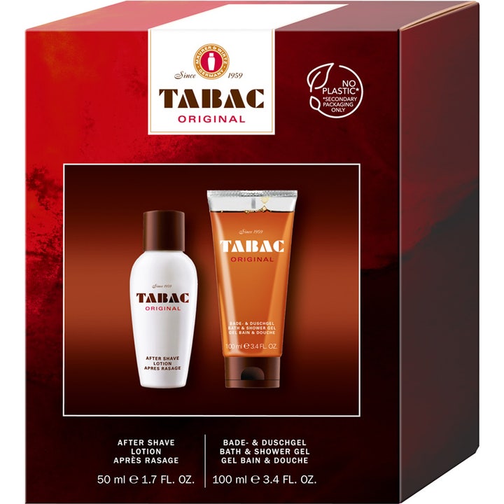 Tabac Original gavesæt 50 ml og 100 ml beroliger huden med aftershave i hvid flakon og frisk showergel i orange tube