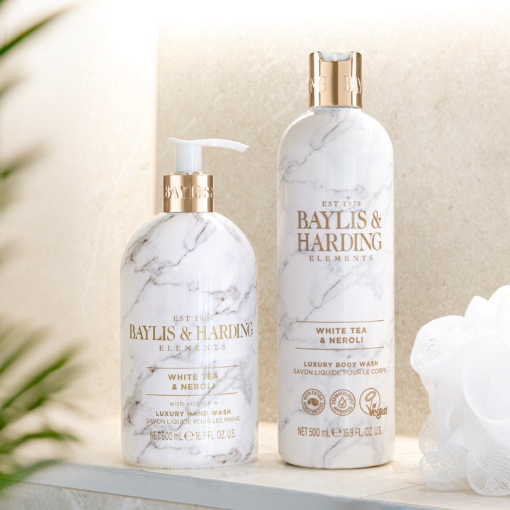 Baylis & Harding Elements Hand Wash White Tea & Neroli 500 ml håndsæbe i hvid marmoreret flaske med gulddetaljer
