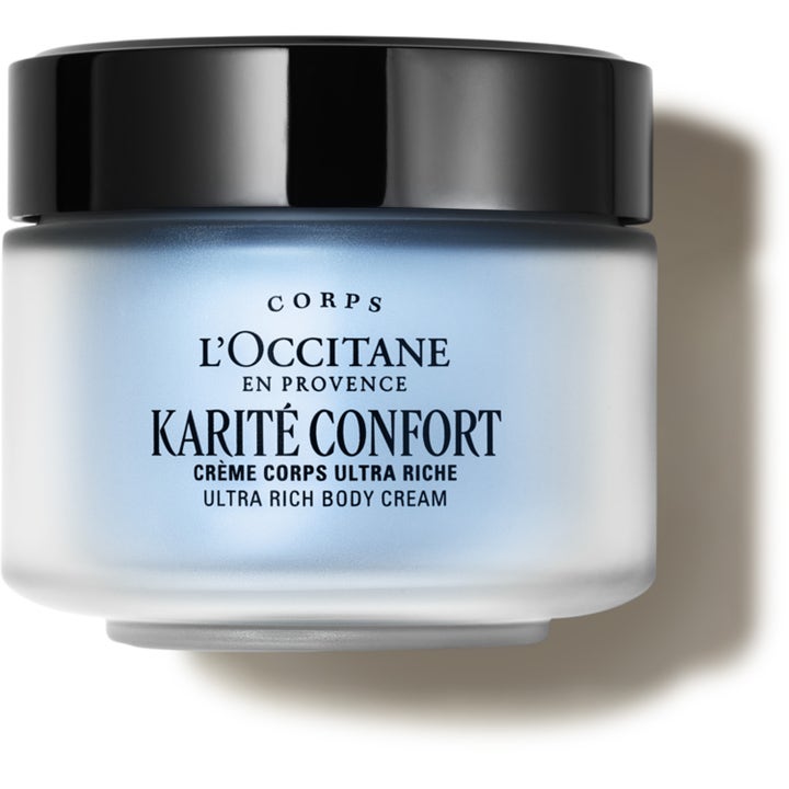 L'Occitane Shea Ultra Rich Body Cream 200 ml nærende kropscreme i en frostet glaskrukke med sort låg