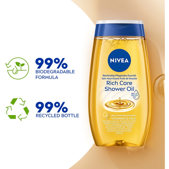 NIVEA Rich Caring Shower Oil 200 ml plejende bruseolie i gennemsigtig flaske med 99% bionedbrydelig formel
