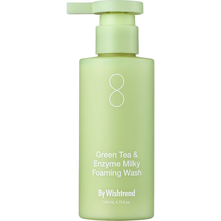 By Wishtrend Green Tea & Enzyme Milky Foaming Wash 140 ml beroligende ansigtsrens i lysegrøn pumpeflaske med hvid tekst