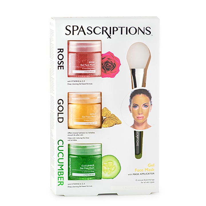 Spascriptions Gel Face Mask 3-pak fugtgivende ansigtsmasker i lyserød guld og grøn gel med hvid applikator