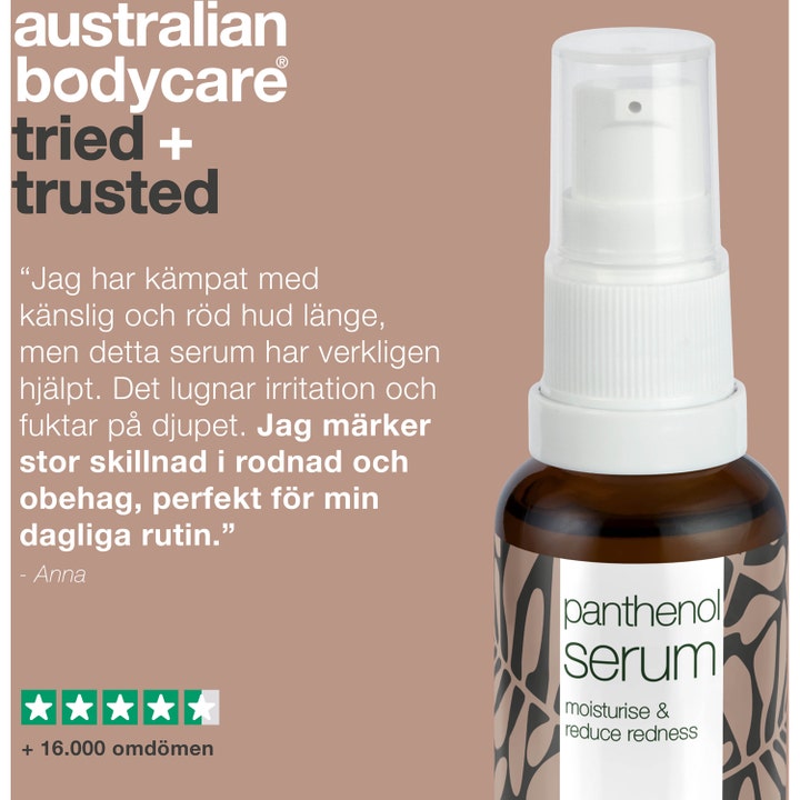 Australian Bodycare Panthenol Serum 30 ml beroligende ansigtsserum i brun glasflaske med hvid pumpe og anmeldelse