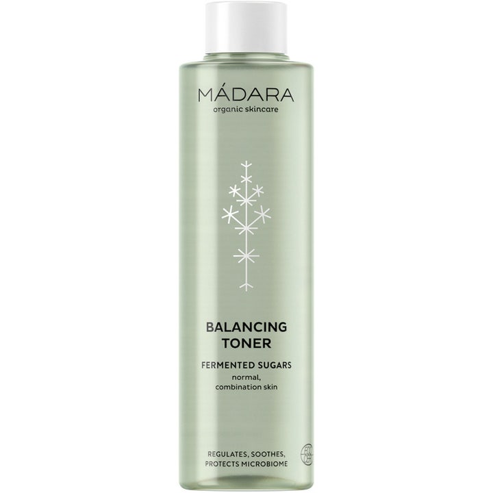 Mádara Balancing Toner 200 ml genopbyggende ansigtsskintonic i en høj lysegrøn gennemsigtig flaske med hvidt låg.