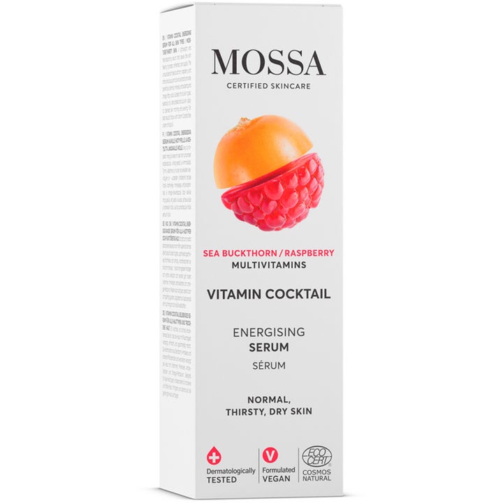 MOSSA Vitamin Cocktail Energising Serum 30 ml energigivende serum i hvid æske med grafik af havtorn og hindbær